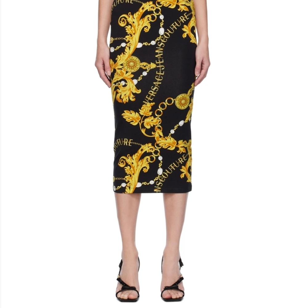 Versace Jeans Couture Yellow/ Gold/Black Midi Dress w/buckle Strap